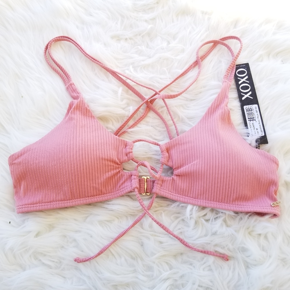 XoXo Pink Ribbed Strappy Padded Swim Bikini Top Medium